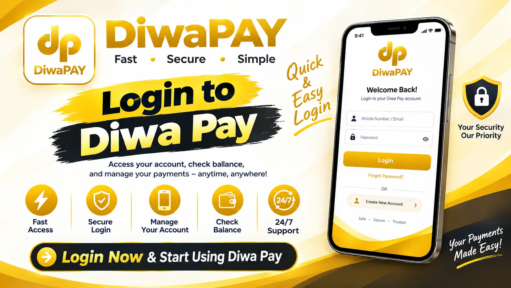 Diwa Pay login screen with mobile number, password and Forgot Password option