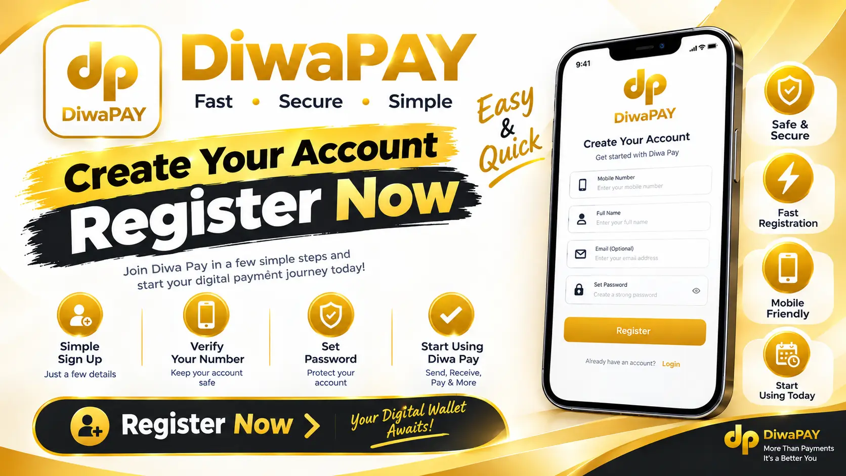 Diwa Pay register screen with username, mobile number, password, OTP and invite code fields